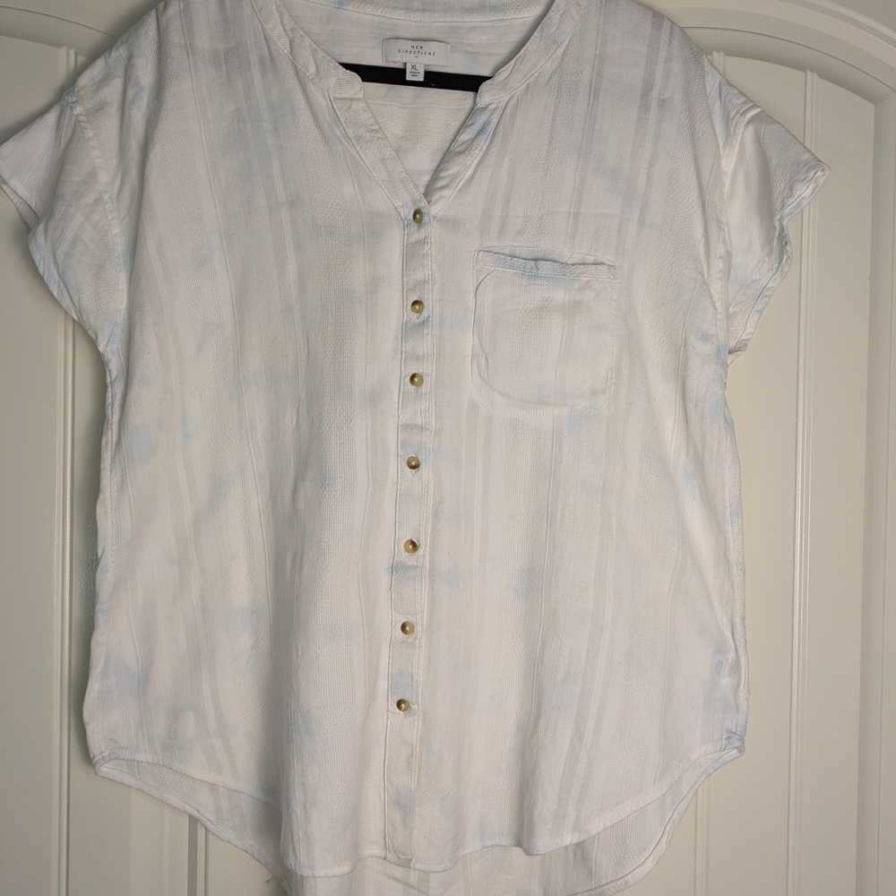 New Directions White/Light Blue Tye Dye Button Down Shirt Sz:XL Boho Chic